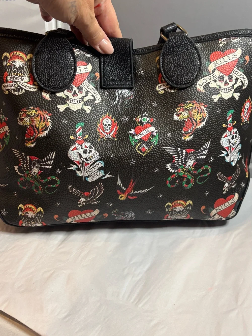 Ed Hardy Black Tattoo-Print Leather Satchel with Red Accent 14x9 “